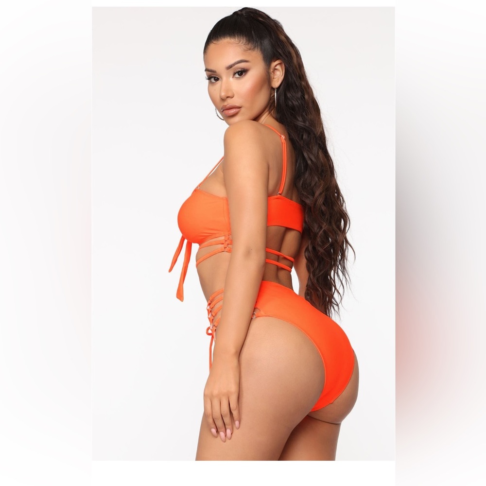 Fashion Nova Poolside Drinks Lace Up 2 Piece Bikini- Neon Orange Large - Picture 2 of 2